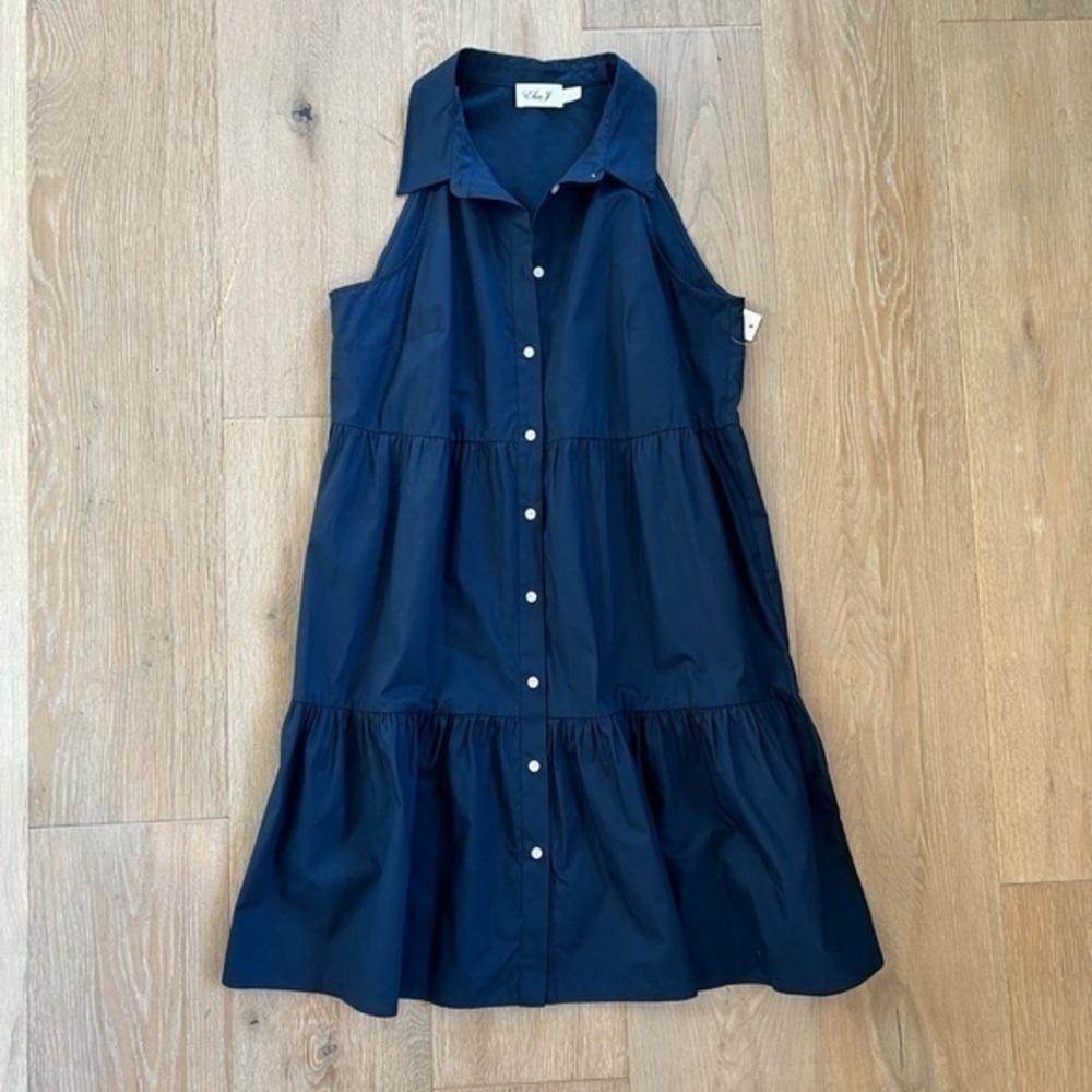 Eliza J Navy Sleeveless Tiered Midi Shirt Dress
